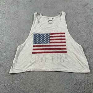 PINK Victoria's Secret Tank Top Womens Medium Gray Love Pink USA Flag Crop